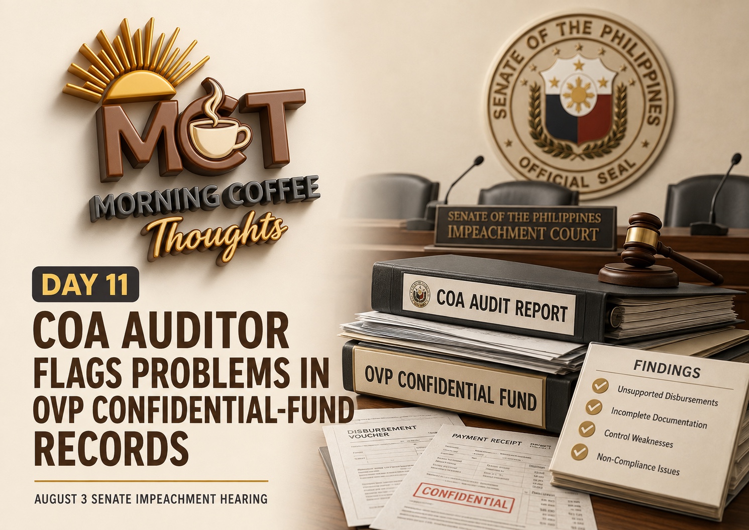 DAY 11 — COA auditor flags problems in OVP confidential-fund records, an MCT hearing update cover.
