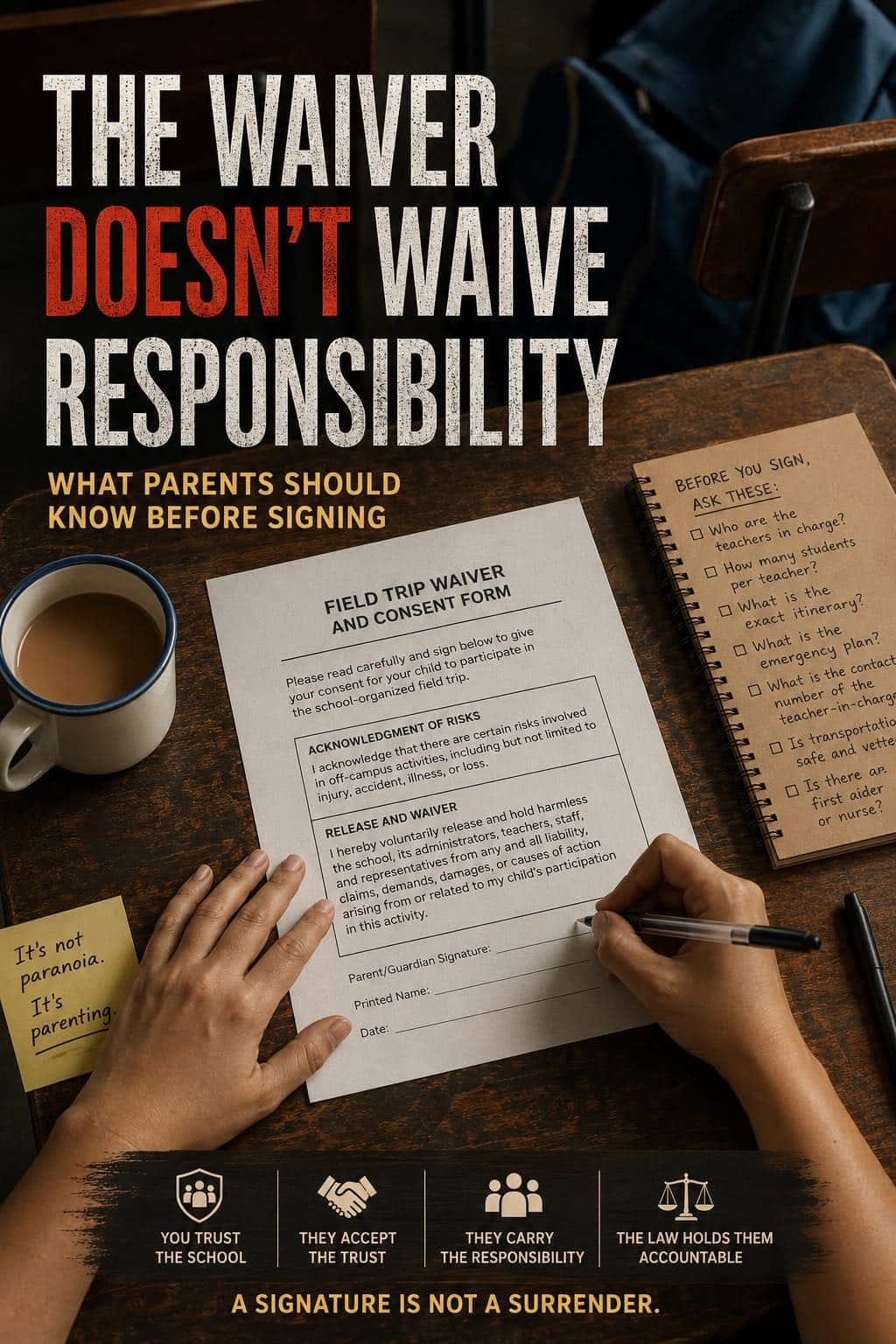 FIELD TRIP WAIVERS: NOT ABSOLUTION FOR SCHOOLS — original Morning Coffee Thoughts cover image.