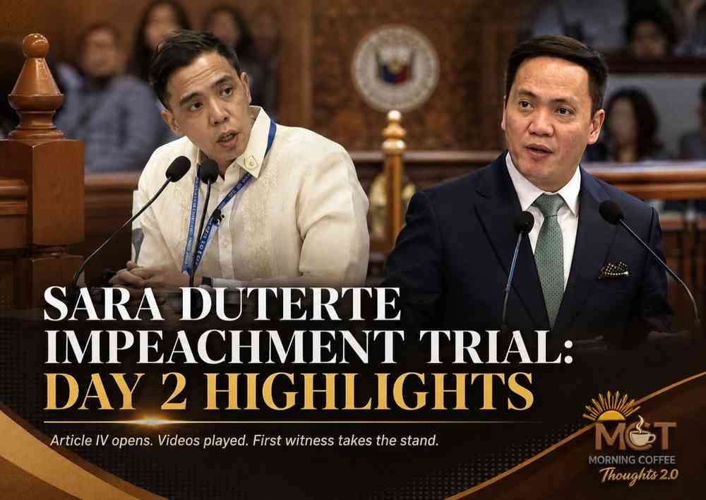 SARA DUTERTE IMPEACHMENT TRIAL: DAY 2 HIGHLIGHTS — original Morning Coffee Thoughts cover image.