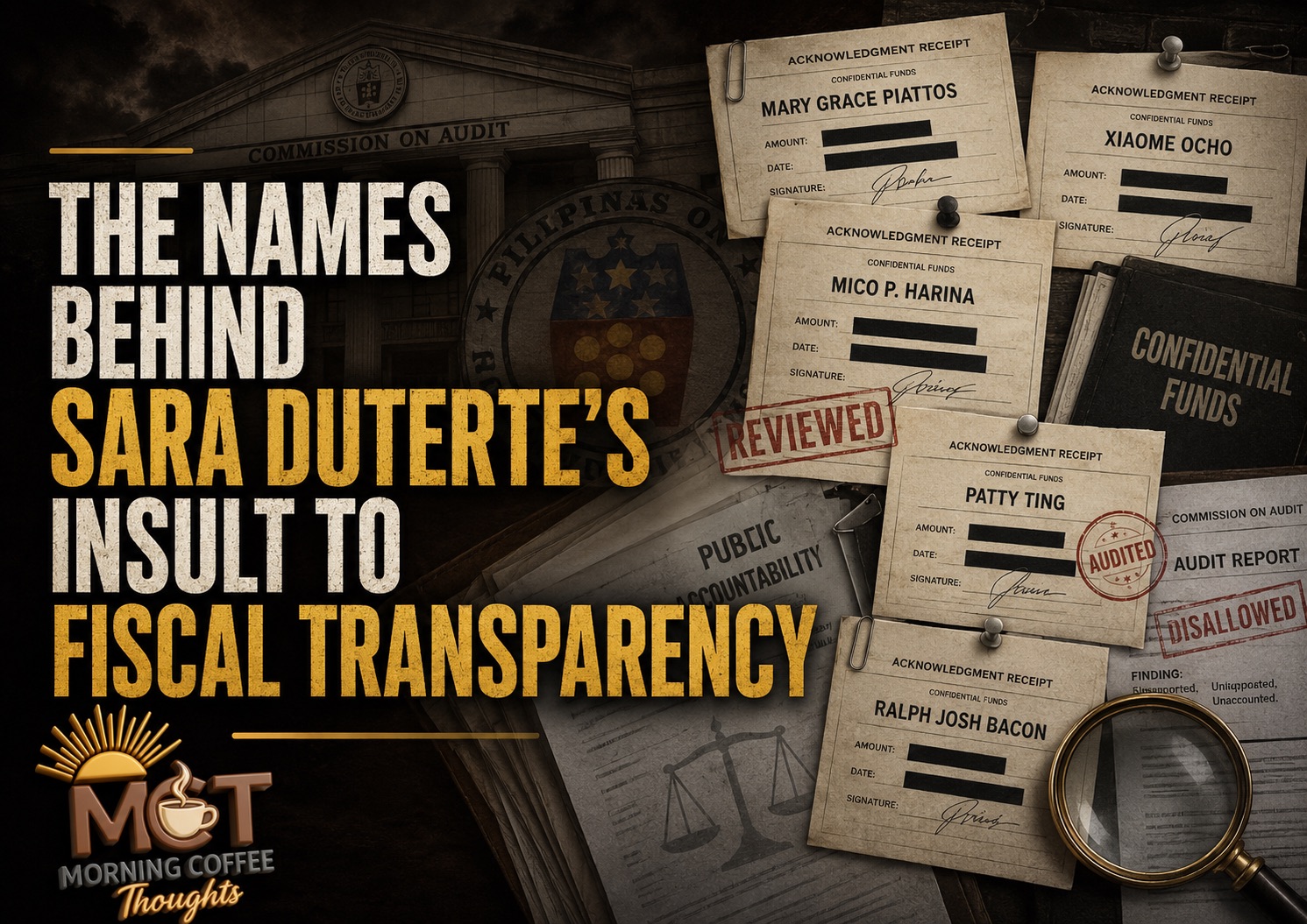 The Names Behind Sara Duterte’s Insult to Fiscal Transparency — an MCT opinion cover about questioned confidential-fund acknowledgment receipts.
