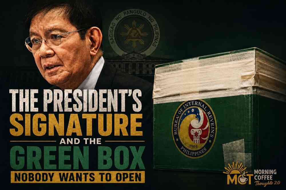 THE PRESIDENT'S SIGNATURE AND THE GREEN BOX NOBODY WANTS TO OPEN — original Morning Coffee Thoughts cover image.