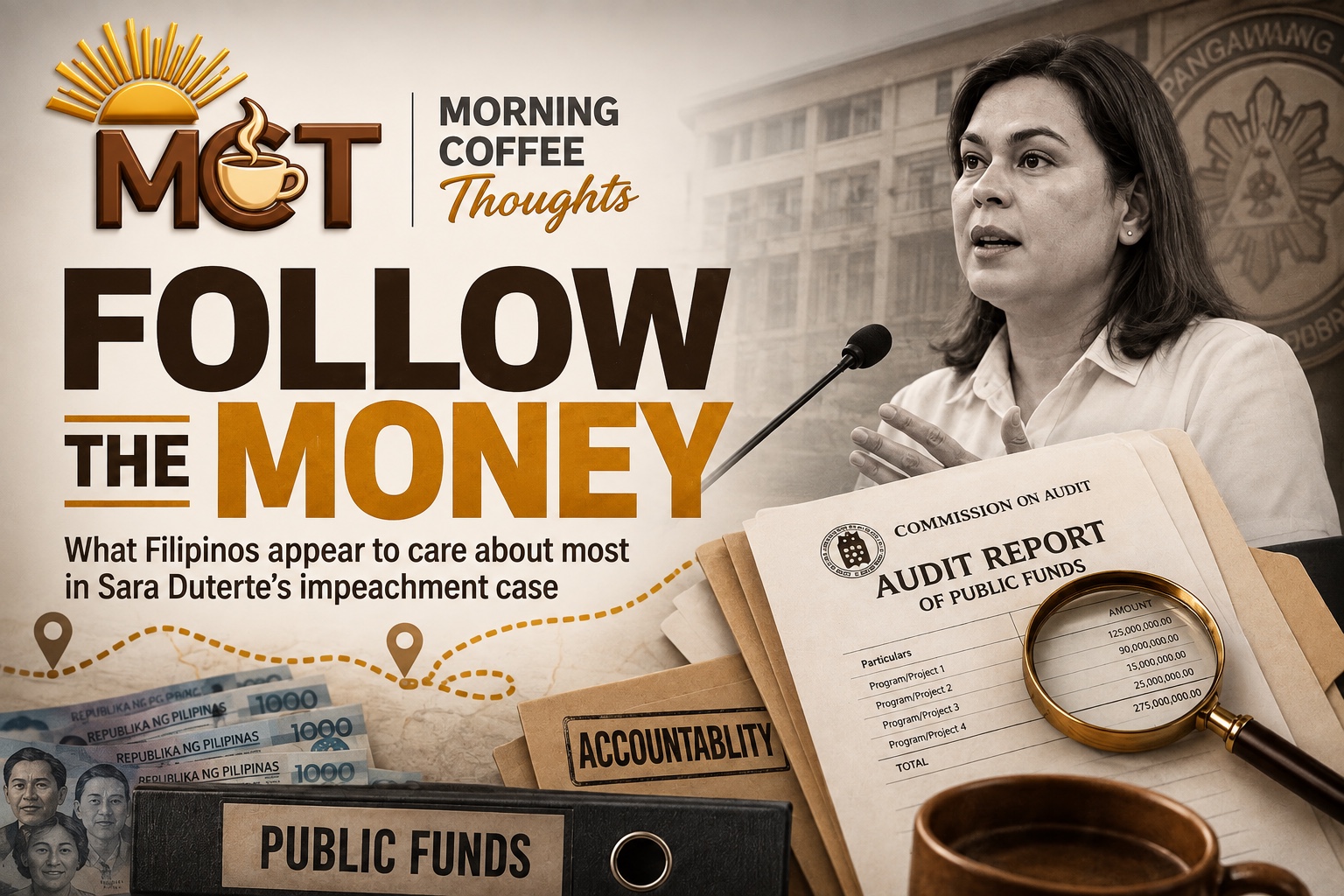 FOLLOW THE MONEY — Morning Coffee Thoughts commentary cover for the article on public attention to financial allegations in Sara Duterte’s impeachment case.