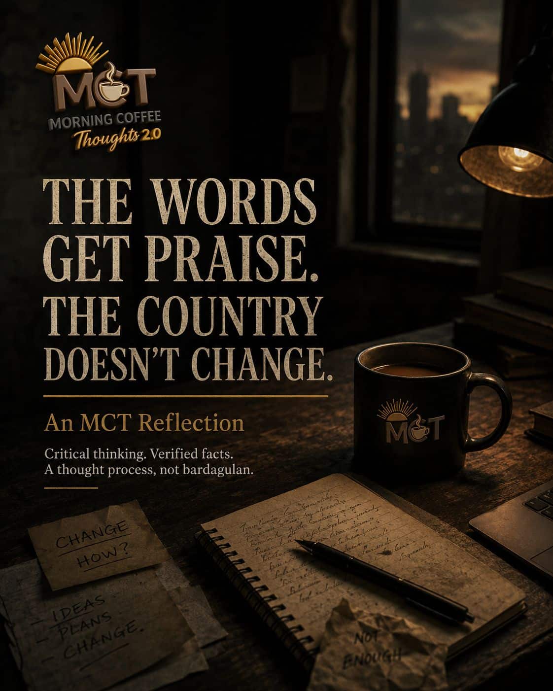 THE WORDS GET PRAISE. THE COUNTRY DOESN'T CHANGE. — original Morning Coffee Thoughts cover image.